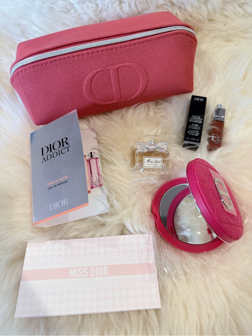 Dior Coral Makeup Travel Pouch & Compact Mirror Set